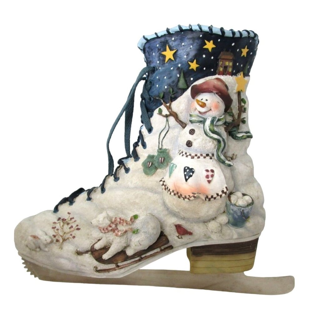 Lady Snowman Polar Bear Ice Skate 3D Resin Wall Pocket Christmas Holiday EUC